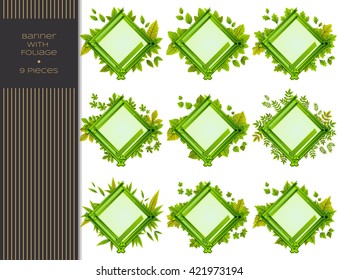 A large set of banners with leaves of different species of trees. With an empty space in the middle for text. It can be used as Benner, postcards, decorative elements.