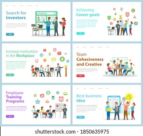 Large set of banners. Search for investors, career goals achievement, leader increases motivation of employees, office workers, cohesion and creativity, training, best business idea. Website Templates