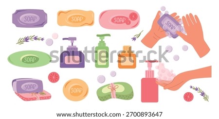 A large set of bar and liquid soap. Vector illustration of handmade soap, hand and body hygiene, eps10