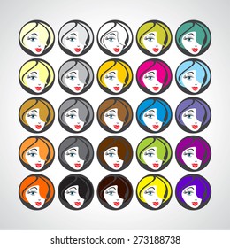 large set of beautiful female face girl 