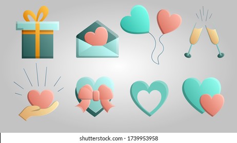 A large set of beautiful festive love joyful tender objects and icons with hearts, balloons, gift boxes and letters on a white background. Vector illustration.