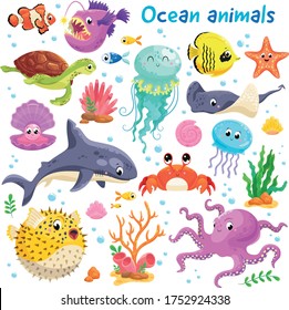 A large set of beautiful ocean animals. Vector illustration.