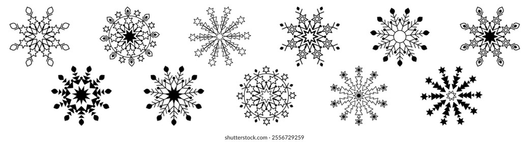 Large set of beautiful snowflakes in black color with different shapes. Vector isolated elements front view for holiday decor. Variety of winter snowflakes  