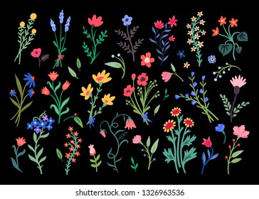 Large set of beautiful wildflowers. Summer meadow. Night bloom. Simple flowers. Bouquets of wildflowers. Magic Garden. Hand drawn illustration.
