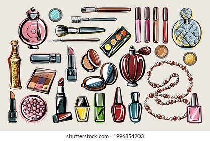 A large set for beauty, decorative cosmetics. Lipstick, eye shadow, beads, perfume. An illustration in the style of a fashionable sketch by hand for stylish teenagers.