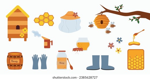 A large set of beekeeping elements. Honeycombs, bees, a barrel of honey. Vector set for banners and cards, beekeeping concept