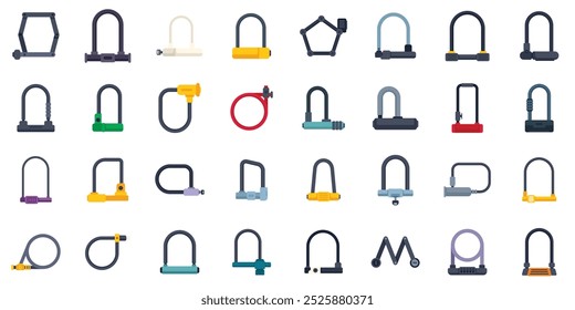 Large set of bicycle u locks in various colors and styles, representing security and theft prevention