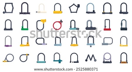Large set of bicycle u locks in various colors and styles, representing security and theft prevention
