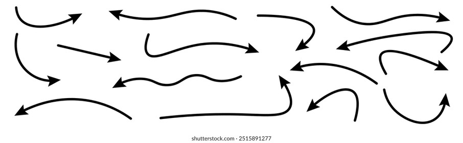 Large set of black arrows. Marker line divider, handmade pencil strokes brush and drawing dividers. Cartoon pictures set of different arrows. Doodled hand drawn. Vector illustration, EPS 10.