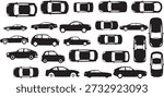 Large set of black car silhouettes featuring top view and side profile perspectives. Vector collection of various vehicle types including sedans, hatchbacks, and coupes for maps, traffic diagrams, and automotive design.