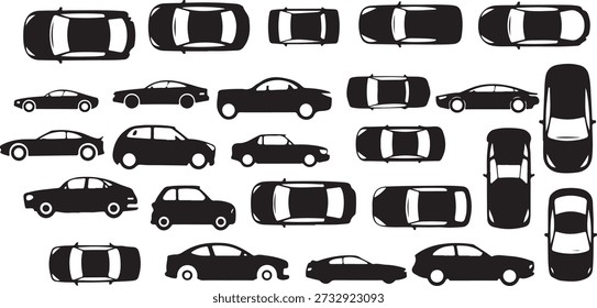 Large set of black car silhouettes featuring top view and side profile perspectives. Vector collection of various vehicle types including sedans, hatchbacks, and coupes for maps, traffic diagrams, and automotive design.