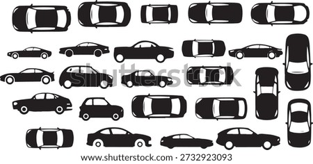 Large set of black car silhouettes featuring top view and side profile perspectives. Vector collection of various vehicle types including sedans, hatchbacks, and coupes for maps, traffic diagrams, and automotive design.