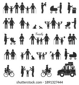 Large set of black figures of people isolated on a white background. Includes Icons Such As Motherhood, Fatherhood, Grandparents, Relatives, Children, Newborn. Vector illustration

