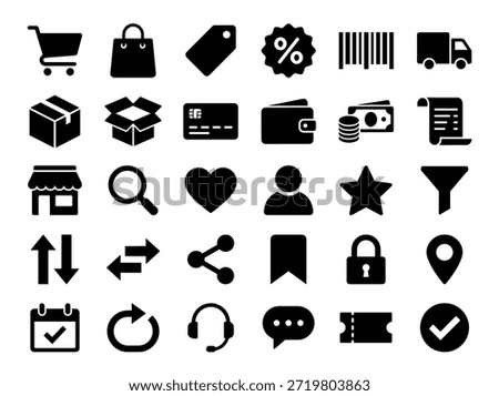 Large set of black glyph icons for e-commerce and online shopping, including symbols for cart, payment, delivery, user interface, search, and customer support elements