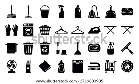 Large set of black glyph icons representing various household chores, cleaning supplies, and laundry equipment in a simple, flat vector style for domestic service concepts