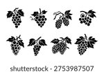 Large set of black grapes fruit vector silhouettes, bunch of fresh grapes with leaves isolated on white background, simple vector illustration for winery and organic food design.