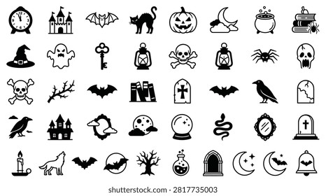 Large set of black Halloween vector icons featuring silhouettes of skulls, bats, ghosts, jack-o'-lanterns, haunted castles, tombstones, ravens, and occult elements isolated on white background.