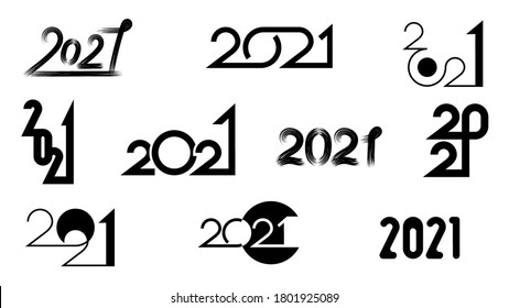 Large set of black happy new year 2021 badges made in different styles and compositions using different techniques isolated on white background. Vector illustration.