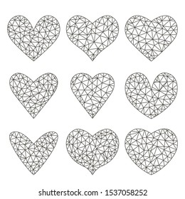 A large set  black hearts in the style of linear polygonal triangulation. Modern heart icon with sparkle glitter on a white background. flat vector illustration isolated 