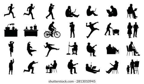 Large set of black human silhouette icons featuring diverse activities including running, cycling, photography, laptop use, playing guitar, cleaning, jumping, and painting isolated on white.