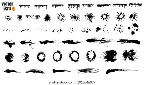 
A large set of black ink, ink smears, stains, blots, brushes, lines, rough. Black brush strokes, elements of artistic design. Vector illustration. Isolated on white background.
