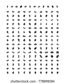 Large set of black isometric 3d letters in 4 different points of view isolated on white