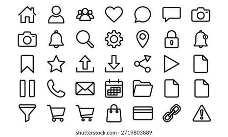Large set of black line icons for user interface design includes symbols for home, user, heart, camera, and shopping for web and mobile application development