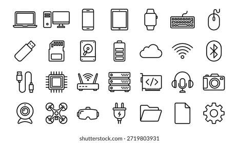 Große schwarze Linien, die Technologie, Computer, mobile Geräte, Hardware und verschiedene moderne Gadgets darstellen, in einem sauberen, minimalen und einfachen Umrissstil