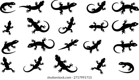 grande conjunto de silhuetas de lagarto preto e lagartixa em várias posições de rastreamento