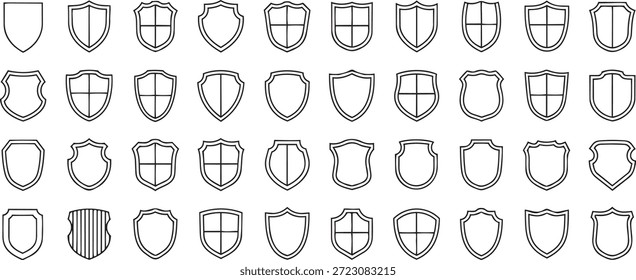 Grande conjunto de iconos de escudo de contorno negro y símbolos de cresta heráldica para el diseño de seguridad y protección
