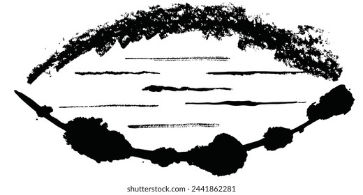 Große Menge von schwarzer Farbe, Tintenpinsel, Pinsel. Schmutziges Element Design, Rahmen, Rahmen oder Hintergrund für Text. Linie oder Textur. Vektorgrafik.