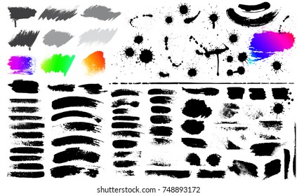Large set of black paint, ink brush, brush. Dirty element design, box, frame or background for text. Line or texture. Vector illustration. Isolated on white background. Blank shapes for your design