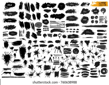 Large set of black paint, ink brush, brush. Dirty element design, box, frame or background for text. Line or texture. Vector illustration. Isolated on white background. Blank shapes for your design