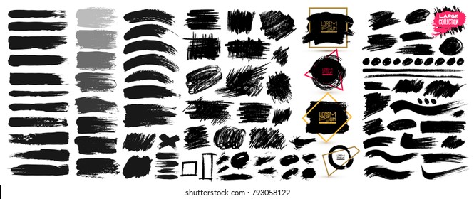 Large set of black paint, ink brush strokes, brushes, lines, grungy. Dirty artistic design elements, boxes, frames. Vector illustration. Isolated on white background. Freehand drawing