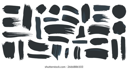 Large set of black paintbrush strokes splashes and hand drawn ink textures perfect for abstract art and modern graphic design projects