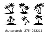 Large set of black palm tree vector silhouettes, isolated on white background, Set of vector silhouettes for tropical beach nature and summer travel design, high-quality professional graphics.