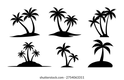 Large set of black palm tree vector silhouettes, isolated on white background, Set of vector silhouettes for tropical beach nature and summer travel design, high-quality professional graphics.