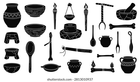 Large set of black silhouette icons depicting prehistoric primitive tools and household objects including clay pottery, wooden bowls, fire torches, stone millstones, bones, and spoons.