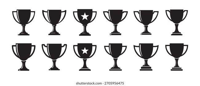 Large Set of Black Silhouette Trophy and Award Cups Representing Victory Success and Competition Icon Collection