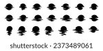 Large set with black sun on white background. Reflection of the sun in the water or wave. Glitch. Sunset and dawn.  