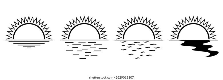 Grande conjunto con sol negro sobre fondo blanco. Reflejo del sol en el agua o las olas. Problema. Atardecer y amanecer. Vector de la silueta de la puesta del sol sobre las olas del océano para los Diseños inspiradores tranquilos. Icono de puesta de sol