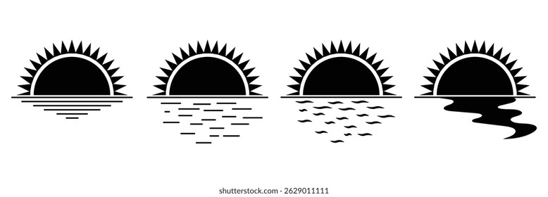 Large set with black sun on white background. Reflection of the sun in the water or wave. Glitch. Sunset and dawn. Sunset Over Ocean Waves Silhouette Vector for Calm Inspirational Designs. Sunset icon