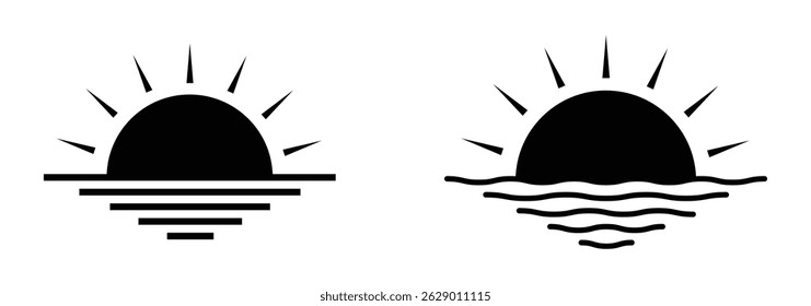 Grande conjunto con sol negro sobre fondo blanco. Reflejo del sol en el agua o las olas. Problema. Atardecer y amanecer. Vector de la silueta de la puesta del sol sobre las olas del océano para los Diseños inspiradores tranquilos. Icono de puesta de sol