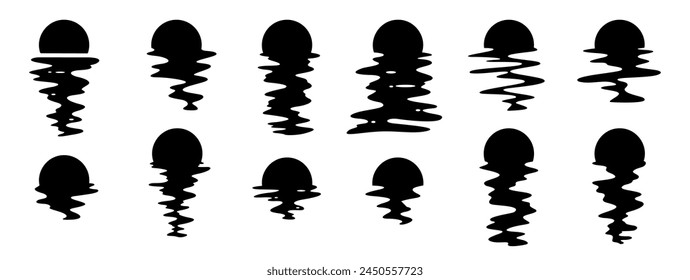 Large set of black sun silhouettes. Vector long reflection in water. Retro sunset in waves.