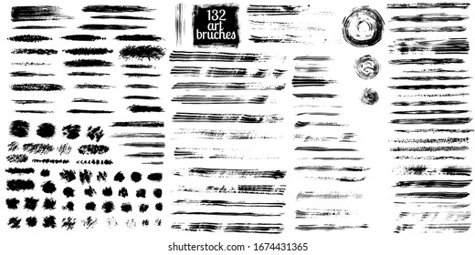 Large set of black texture, grunge brushes. Vector brush strokes isolated on white background. Ink blots, paint texture. Handmade design elements. Collection for decoration, frames, background, text.