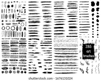 Large set of black texture, grunge brushes. Vector brush strokes isolated on white background. Ink blots, paint texture. Handmade design elements. Collection for decoration, frames, background, text.