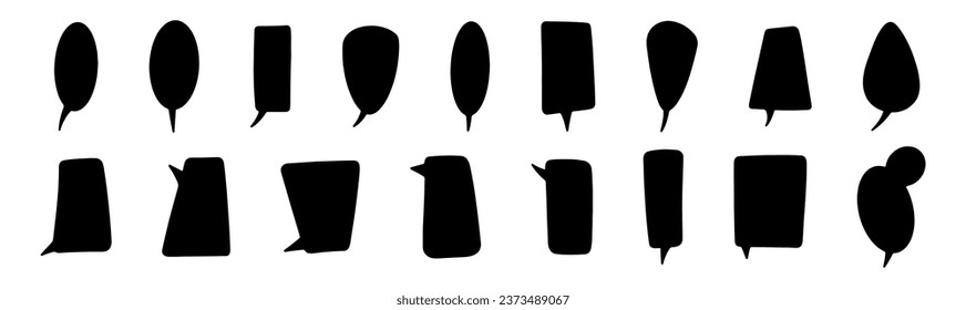 Large set of black vertical speech baubles. Black shapes on white background. Thoughts, chat, speech, speak. 