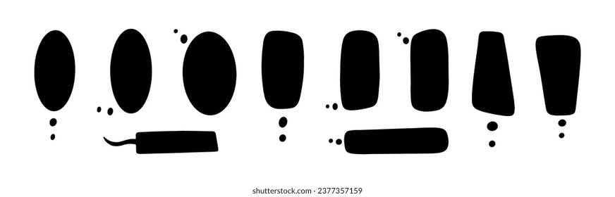 Large set of black vertical speech baubles. Black shapes on white background. Thoughts, chat, speech, speak. 