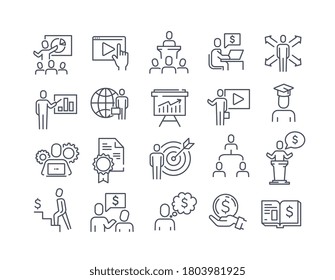 Large set of black and white business training icons showing presentations, discussion, goals, meetings, success and achievements, vector illustrations for design elements