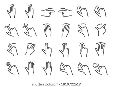 Large set of black and white Gesture icons showing hands swiping, pointing, pressing buttons and zooming , vector illustration for design elements